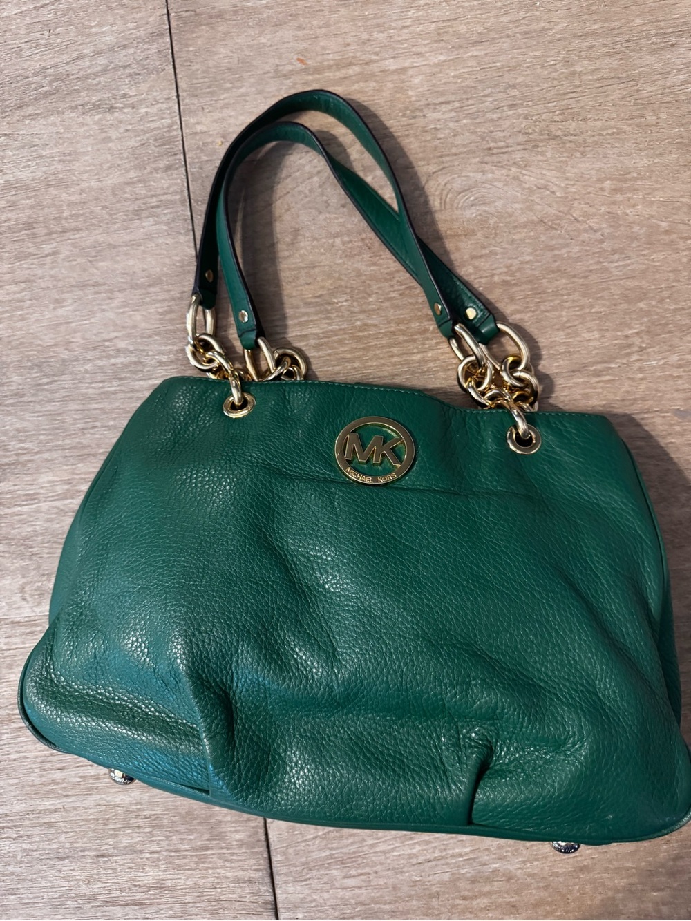Michael Kors Fulton Emerald Green Pebbled Leather Chain Shoulder Bag Gold MK